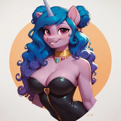 score_9, score_8_up, score_7_up, Izzy Moonbow, mlp, G5, anthro, 1girl, purple eyes, solo, two curly top hair knot buns with two curly hair strands on the side, strapless bathing suit, large breasts, cleavage, jewellery, 1girl, solo