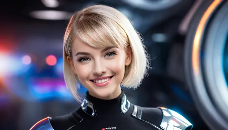 a beautiful 25 yo Prague woman with short blond bob angel hair, great smile wearing a black sweater looking at a black and chrome futuristic Venusian spacecraft, intricate detailing, HDR, vibrant contrast, 32k resolution, luminism lighting techniques, ultr...