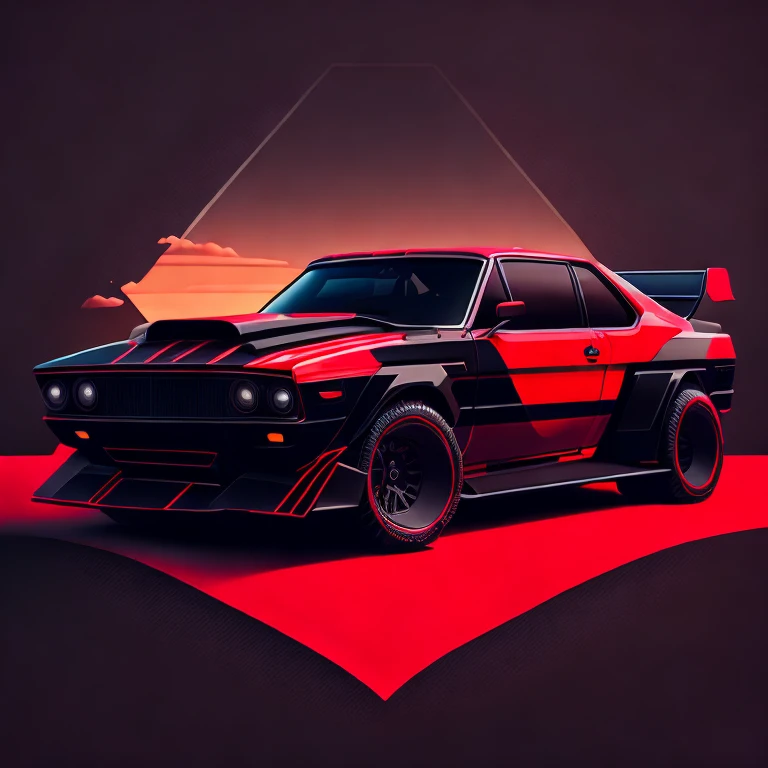 Art for t-shirt graphic design, a modern graphic design, classic black with red roof mad max style truck, ((carbon fiber, Kit de corpo ultra largo Liberty walk)), Aggressive pose ((fund: outside old industrial style building, large windows in fund, cloudy ...