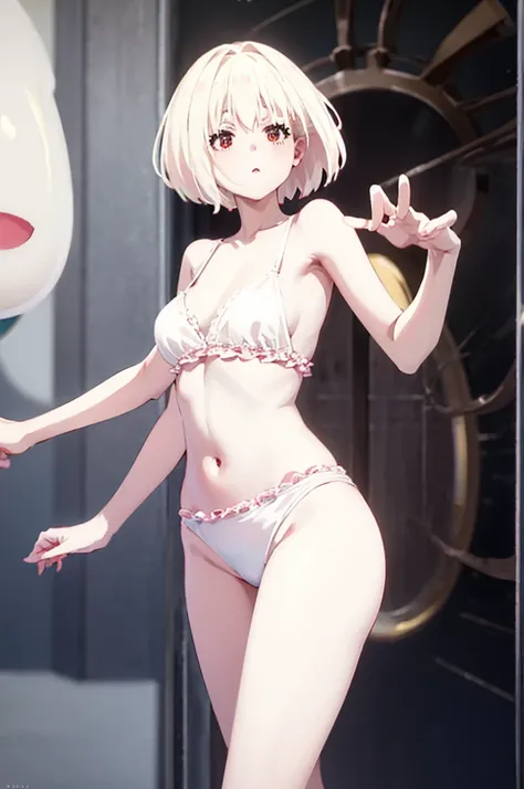 short hair、Light cream colored hair、Pale red eyes、Blushing、M-shaped legs、Random pose、Looks like she&#39;s about to cum、Glamorous expression、Blushing、In underwear、可愛いIn underwear、Undressing、、Bedroom、On the bed、M-shaped legs、Random pose,Show your pants、short...