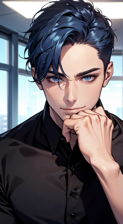 (best quality,4k,8k,highres,masterpiece:1.2),ultra-detailed,(realistic,photorealistic,photo-realistic:1.37),1 man,31 years old,mature man,very handsome,without expression,smile,short blue hair,blue eyes,penetrating gaze,perfect face without errors,imposing...