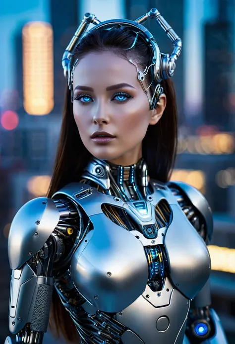 A Sexy female AI humanoid robot stands in a dimly lit, futuristic setting. Her face is a captivating blend of human-like features and metallic components. Her skin appears lifelike, with a subtle glow, but upon closer inspection, it reveals intricate circu...