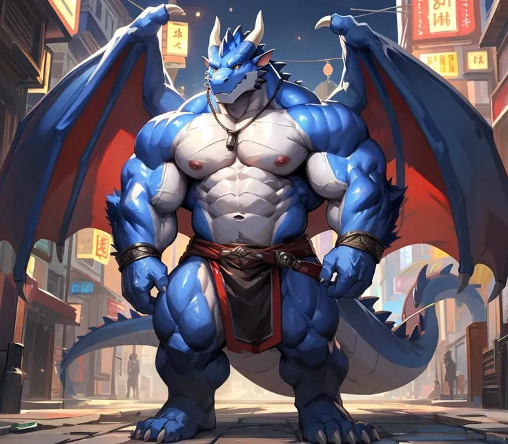 ((best quality)), ((masterpiece)), (ultra detailed),perfect face,(male antro dragon):2.5, male , ((( western dragon))):2.5, (strong beefy muscular body),((royal blue body)), (white belly), ((abs, strongmuscles, 8 pack)), furry, handsome,Beautiful and delic...