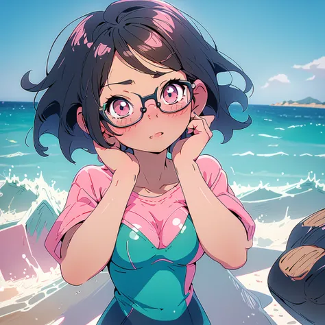 Bob-cut girl in pink swimsuit with glasses, rubbing breasts with both hands, looking up, black hair, wink, seaside, pastel colors, 8k