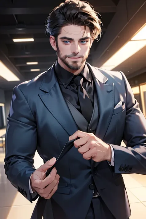 a handsome 35 year old man, 3 day beard, dark hair, sharp jawline, (mesmerizing blue eyes), perfectly styled hair, wearing cool anime outfitt, dynamic lighting, (CEO), (expression, smile in love), (best quality,4k,8k,highres,masterpiece:1.2),ultra-detailed...