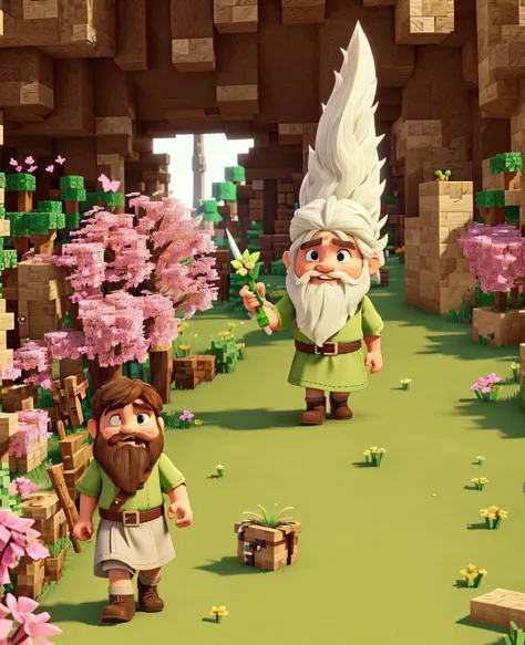 a little dwarf dressed in green, with a long white beard and stubble. a white pointed hat, he holds a pink butterfly catcher in his hand and uses it as a weapon. is in the world of minecraft and is walking through the forest