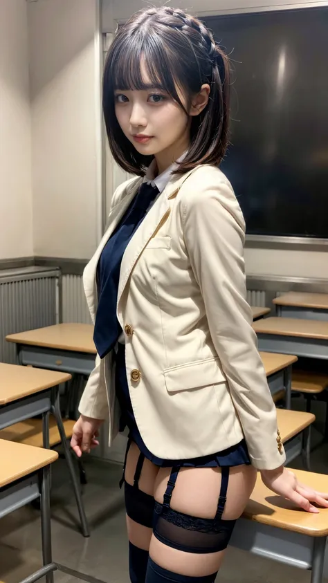 masterpiece, Highest quality, figure, Very detailed, Fine details, High resolution, 8K,wallpaper, Perfect dynamic composition,(Detailed high quality, Realistic depiction of eyes:1.3), From the side, High school classroom、 uniform、blazer 、Super Short Check ...