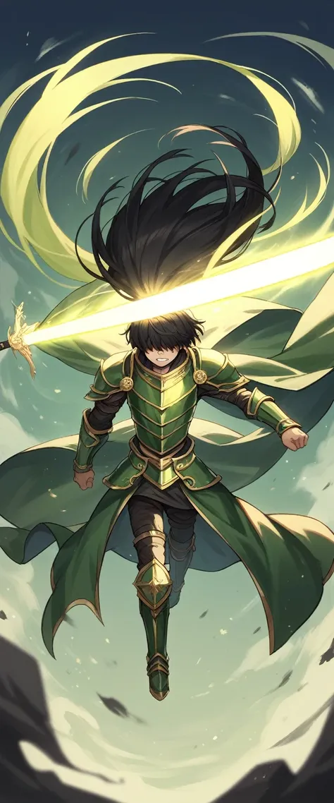 anime, 1other, solo, armor, black hair, breastplate, faulds, floating hair, glowing, glowing sword, glowing weapon, green armor, hair over eyes, pauldrons, shoulder armor, sword, teeth, weapon, wind, wind lift, yellow eyes, cloak, masterpiece, best quality