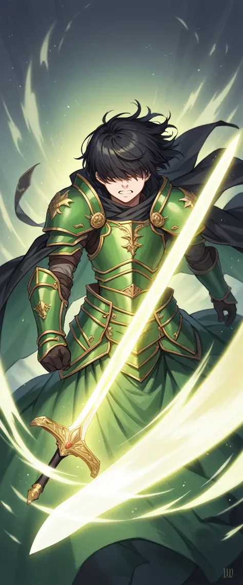 anime, 1other, solo, armor, black hair, breastplate, faulds, floating hair, glowing, glowing sword, glowing weapon, green armor, hair over eyes, pauldrons, shoulder armor, sword, teeth, weapon, wind, wind lift, yellow eyes, cloak, masterpiece, best quality