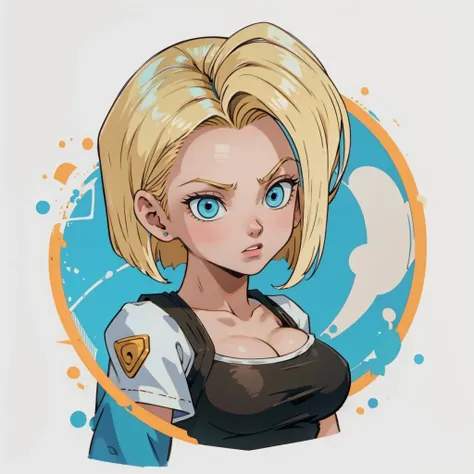 ((1girl,  android 18 , blonde hair, short hair, blue eyes, 1girl, white background, blonde hair, white shirt, angry eyes)), uppe...