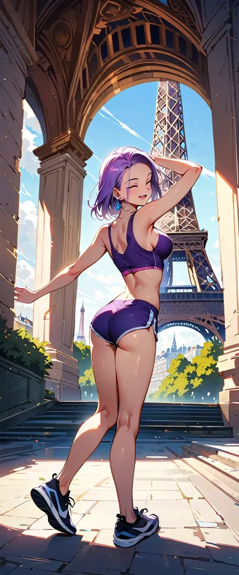 (masterpiece, best quality:1.2), solo, Android 18 from Dragon Ball, ((crop sport bra)), (short dolphin shorts), medium breasts, short purple hair loose, ((close eyes)), earrings on earlobes, slender feminine figure, narrow waistline, skinny body, sky, head...