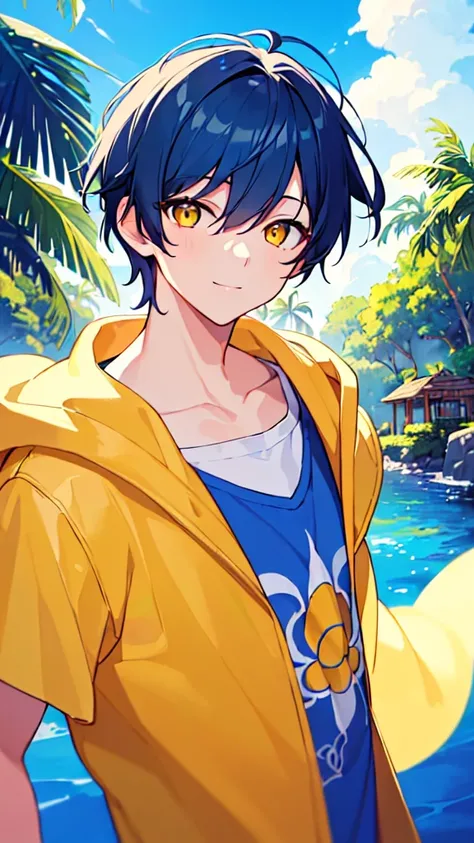 [(SUMMER night BACKGROUND:1.5),::5], ((((masterpiece)))), high quality, very_high_resolution, large_filesize, upper body, full color, ((Solo)), ((little boy)), 13 old year, mens short deepblue hair, vivid color, ((yellow eye)), Summer clothes white, animes...