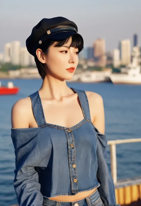 (((paper cutting style))), 1 girl, short black hair, cap, shirts and denim, portfolio, harbor and ship, (topless:1.5), (small breasts:1.4),