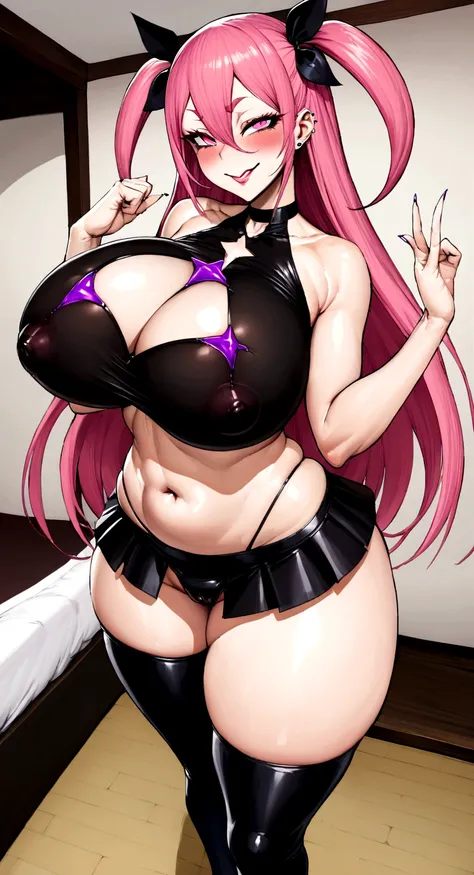 big lips, black and pink hair, pink eyes, japanese face, improve, improve grin, two sides up, huge breasts, Wide hips, sexy, detailed,  room, Hits, (evil smile1.4), kawaii, mini skirt lewd, lewd, GOOD, mini lewd costume, mini lewd shirt,  choker, mini lewd...