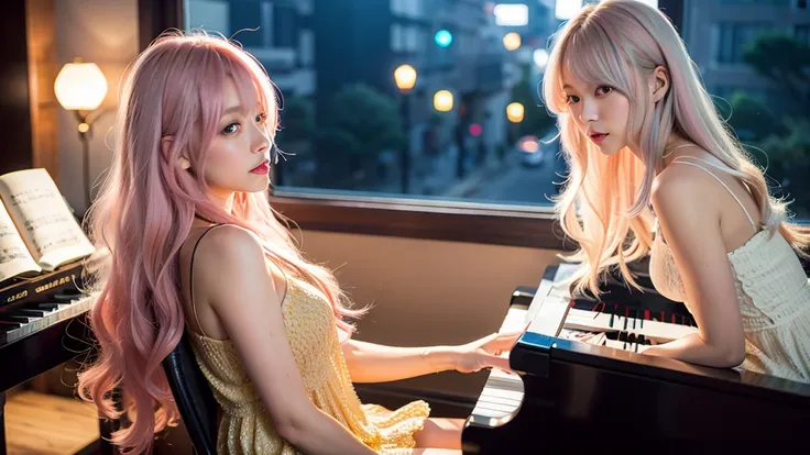 playing piano.ai hoshino, beige pink hair, blue hair,long hair, favorite , beautiful, shining eyes, stars in my eyes, idol,long ...