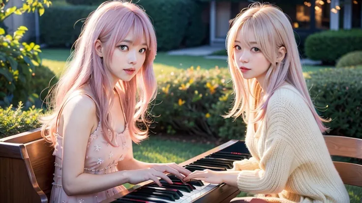 playing piano.ai hoshino, beige pink hair, blue hair,long hair, favorite , beautiful, shining eyes, stars in my eyes, idol,long ...