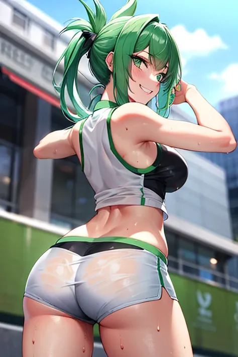 Green hair, folded ponytail, fine eyes, green eyes, masterpiece, sweat, soaked, best quality, hi-res, solo, wicked grin, ass facing you, running action and elegance, white sports short shorts, wet pants, white running shirt, wet shirt, sleeveless, braless,...