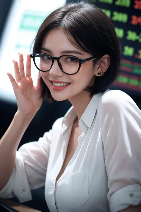 a girl with short hair, wearing transparent glasses, smiling and raising her hand, in a stock market setting, half-body shot, small ears, high quality, non-deformed, extremely detailed facial features, hyper realistic, 8k, photorealistic, vibrant colors, d...