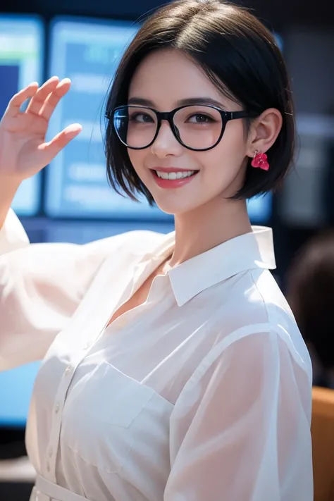 a girl with short hair, wearing transparent glasses, smiling and raising her hand, in a stock market setting, half-body shot, small ears, high quality, non-deformed, extremely detailed facial features, hyper realistic, 8k, photorealistic, vibrant colors, d...