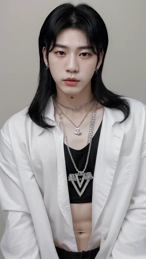 Korean boy
Beautiful
V 
Jewellery
Kpop idol
23 years old
White and black hair 