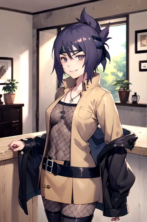 masterpiece, best quality, facing viewer, looking at viewer, 1girl, solo, indoors, living room, standing, seductive smile,  mitarashi anko, headband, forehead protector, jacket, fishnets, skirt, belt, jewelry, necklace, pervetida, semi nua