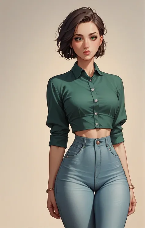 thin lady, culona, White skin, a dark green blouse with white buttons, big legs, small waist, jeans fitted to your figure