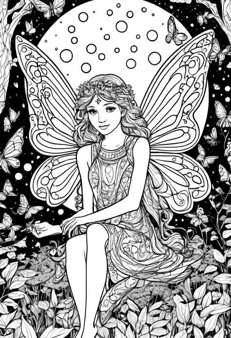 (a black and white coloring book:1.5), a magical fairy surrounded by glowing fireflies in a moonlit forest, clean line art, whit...