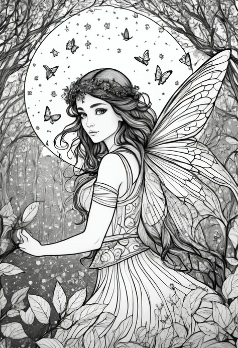 (a black and white coloring book:1.5), a magical fairy surrounded by glowing fireflies in a moonlit forest, clean line art, whit...