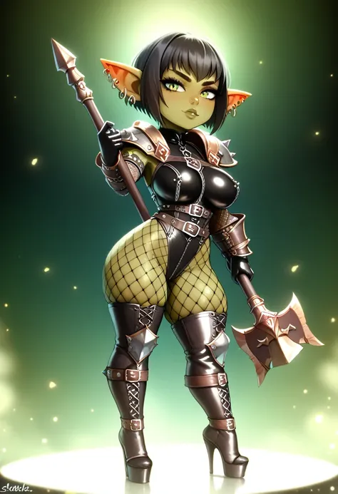 Girl, goblin girl, goblin, green skin, short, short stature,short hair, black hair, large breasts, miniskirt, latex, long gloves, thigh boots, goth, pouty lips, masterpiece, best quality, sexy, dynamic pose, 8k, shortstack, sfw, shiny, fantasy, dungeons an...