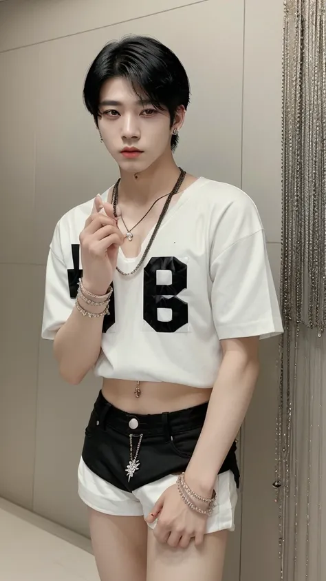 Korean boy
Beautiful
V 
Jewellery
Kpop idol
23 years old
 Short White and black hair 