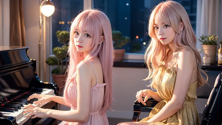 playing piano.ai hoshino, beige pink hair, blue hair,long hair, favorite , beautiful, shining eyes, stars in my eyes, idol,long ...