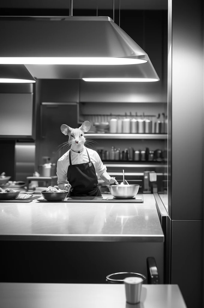 Generate a realistic black and white image of a mouse in a restaurant kitchen, 70s style image