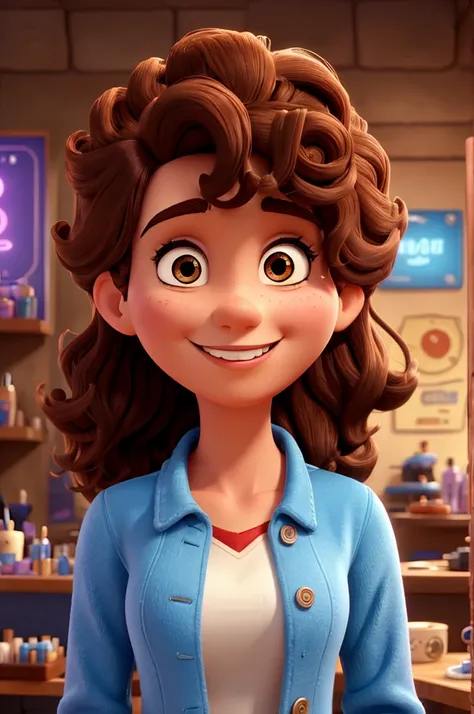 3D poster inspired by Disney Pixar, with A woman, beautician, 35 years old, brown eyes and brown curly hair, smiling, beautician coat, she is using her iPhone