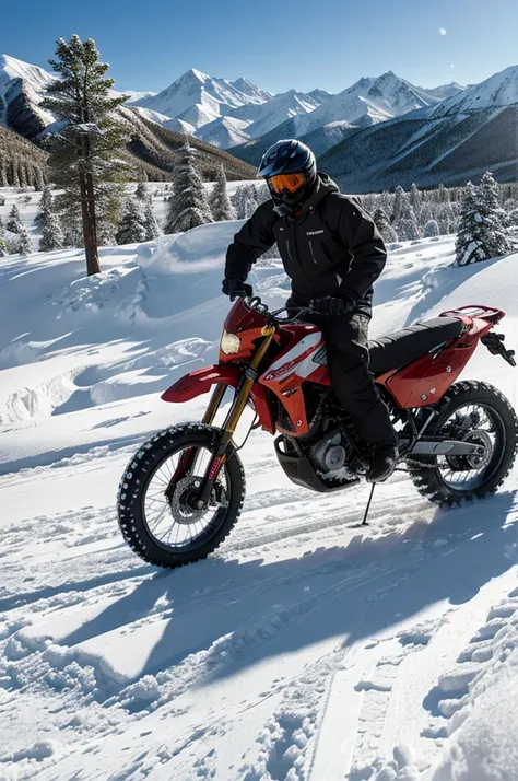 A snow biker moving in snow mountain and avalanche behind him snow fall and desert trees
