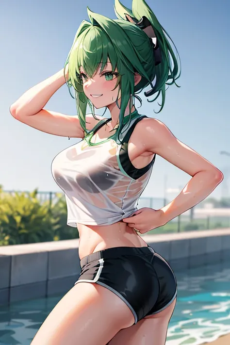 Green hair, folded ponytail, fine eyes, green eyes, masterpiece, sweat, soaked, best quality, hi-res, solo, wicked grin, ass facing you, running action and elegance, white sports short shorts, wet pants, white running shirt, wet shirt, sleeveless, braless,...