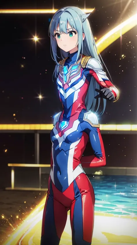 (masterpiece、Highest quality、In 8K、High resolution:1.2)、alone、One Girl、 Rin Shibuya、Tight clothes、Cowboy Shot、Hero Suit、Bodysuits、Tight suit、Trained abdominal muscles、Trained biceps、(Hmph :1.0）、 青いウルトラマンBodysuits、Shining jewel on the chest、（building:1.2)、N...