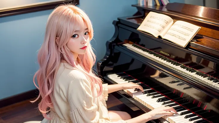 playing piano.ai hoshino, beige pink hair, blue hair,long hair, favorite , beautiful, shining eyes, stars in my eyes, idol,long ...