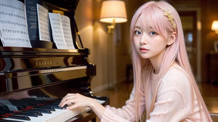 playing piano.Ai Hoshino, beige pink hair, Blue Hair,Long Hair, favorite , Beautiful, shining eyes, Stars in my eyes, Idol,Long pink hair