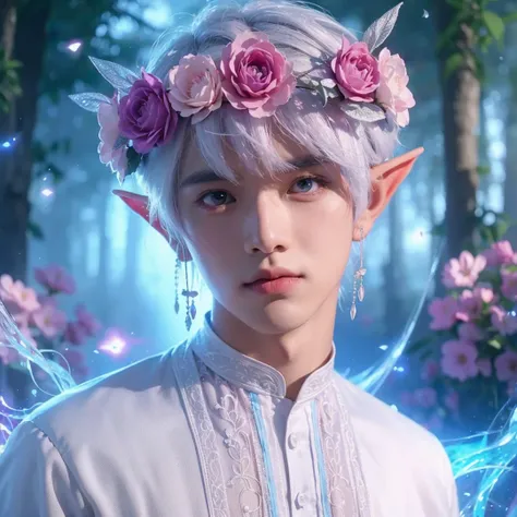 Handsome boy, white hair, white eyes, wearing pink and light blue flower crown, wearing white barong tagalog, elf ear, "surrounded by light blue, pink, and purple light, magic forest background