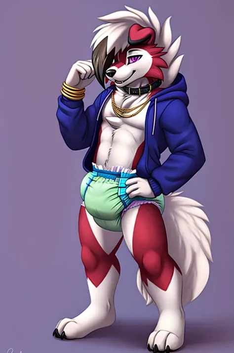  A dark purple Midnight femboy lycanroc wearing a blue and purple hoodie and diaper and white socks with black stripes and a gold necklace on his neck and with bracelets on his arms 