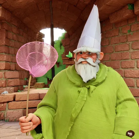 a little dwarf dressed in green, with a long white beard and stubble. a white pointed hat, he holds a pink butterfly catcher in his hand and uses it as a weapon. is in the world of minecraft and is walking through the forest