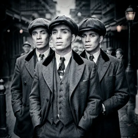 a group of 4 vintage men, old-fashioned black and white photography, sepia toned, candid street style, cinematic lighting, detai...