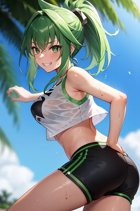 Green hair, folded ponytail, fine eyes, green eyes, masterpiece, sweat, soaked, best quality, hi-res, solo, wicked grin, ass facing you, running action and elegance, white sports short shorts, wet pants, white running shirt, wet shirt, sleeveless, braless,...