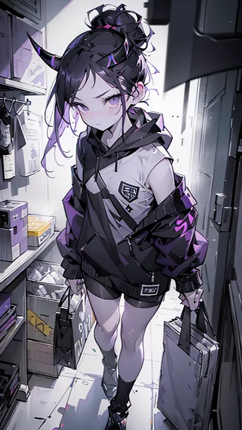 boy. thoughtful look. open forehead. black and purple hair tied in a bun on the left side to one side. sinuous black horns wrapped in dark purple ribbon. pale violet eyes. in short dark purple shorts. long white T-shirt. dark purple knee-high socks. dark p...