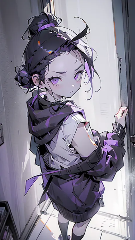 boy. thoughtful look. open forehead. black and purple hair tied in a bun on the left side to one side. sinuous black horns wrapped in dark purple ribbon. pale violet eyes. in short dark purple shorts. long white T-shirt. dark purple knee-high socks. dark p...