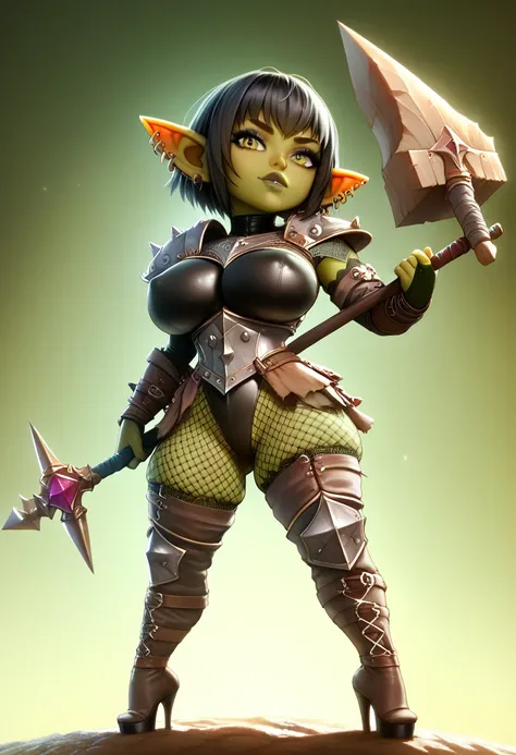 Girl, goblin girl, goblin, green skin, short, short stature,short hair, black hair, large breasts, miniskirt, latex, long gloves, thigh boots, goth, pouty lips, masterpiece, best quality, sexy, dynamic pose, 8k, shortstack, sfw, shiny, fantasy, dungeons an...