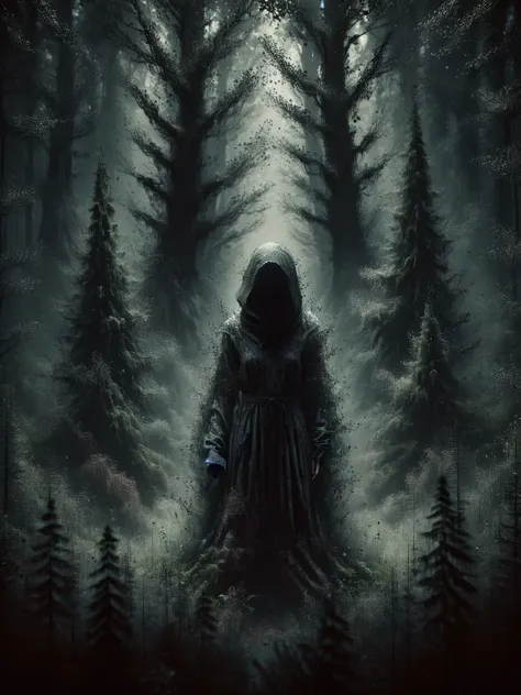 a mysterious figure standing at the edge of a dark forest, surrounded by ais-darkpartz that seem to whisper secrets of the unkno...