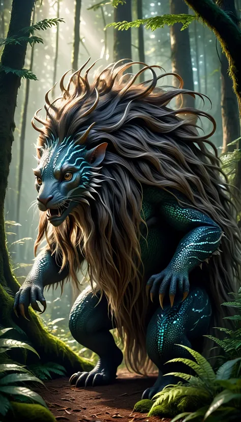 Front view，There is a creature in the forest，Human-like appearance，Covered with long hair（best quality，4K，8K，High level，masterpiece：1.2），Ultra Detailed，（lifelike，Photo real，Photo real：1.37），Highly detailed animals，Complex patterns，Realistic lighting，Fantas...