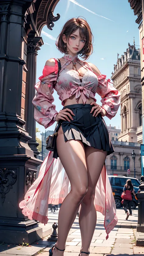 24-year-old female、Sexy proportions、Sexy、Pixie Cut、Pink inner color、High neck blouse with lace embellishment((Sheer))、Low-rise mini pleated skirt、Stiletto heels、Black Stockings、Arc de Triomphe square in France、With the Arc de Triomphe in the background、Cow...