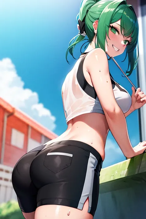 Green hair, folded ponytail, fine eyes, green eyes, masterpiece, sweat, soaked, best quality, hi-res, solo, wicked grin, ass facing you, running action and elegance, white sports short shorts, wet pants, white running shirt, wet shirt, sleeveless, braless,...